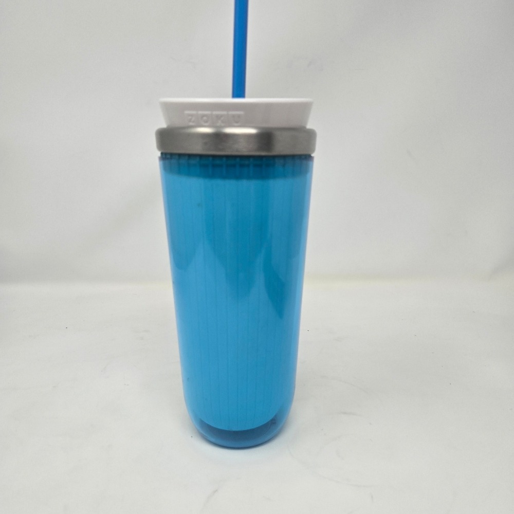 Zoku Iced Coffee Maker Travel Mug Blue White Stainless Steel Core with Straw‎ - Picture 2 of 6